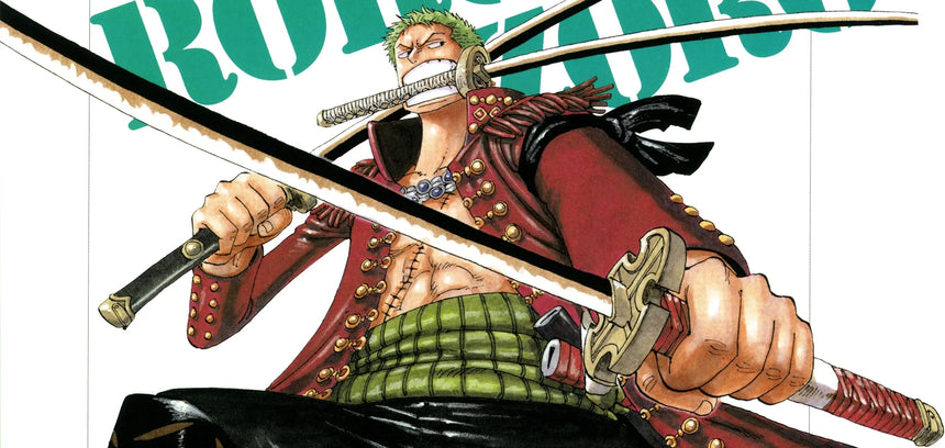 A muscular green-haired swordsman is shown wielding three katanas, one clenched in his mouth and two in his hands. He wears an open red coat and green sash, posed aggressively with blades drawn in a dynamic battle stance.