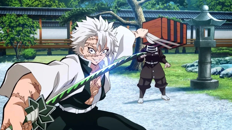 A white-haired swordsman with visible scars grins while holding a katana in a ready stance, facing an opponent wearing a wooden box on their head in a traditional Japanese courtyard.