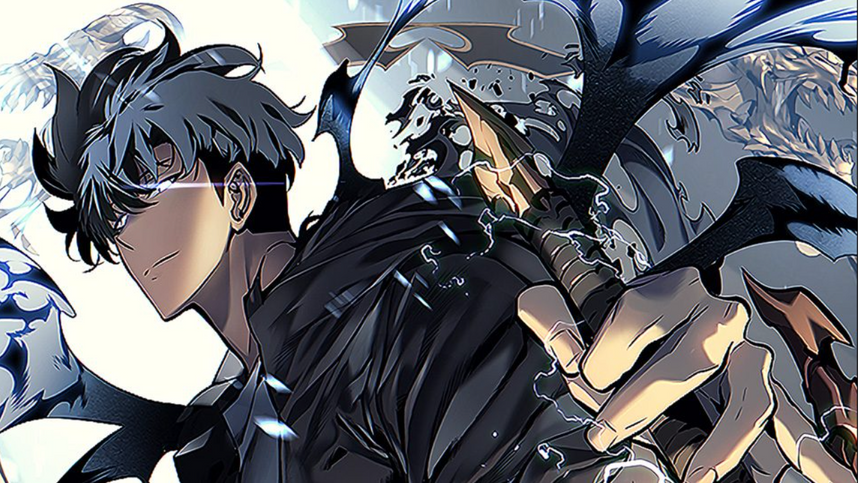 Stylized anime illustration of Sung Jin-Woo holding a glowing dagger with lightning effects, shadow wings and dragon imagery behind him, showcasing his transformation into the Shadow Monarch.