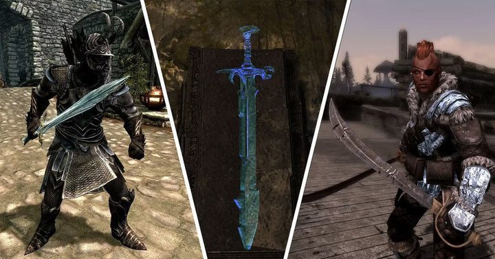 Three Skyrim characters wielding swords, with a glowing blue blade displayed in the center.