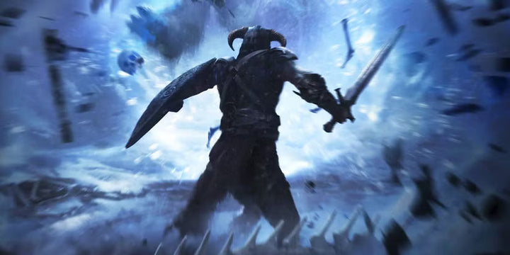 Skyrim warrior holding a sword and shield amid a blue magical explosion with flying debris.