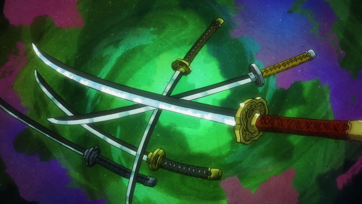 different swords with a green and purple background