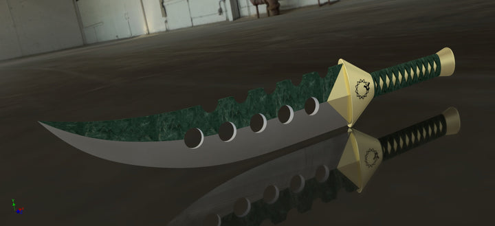 Curved fantasy sword with a green jagged blade and gold hilt resting on a reflective surface.