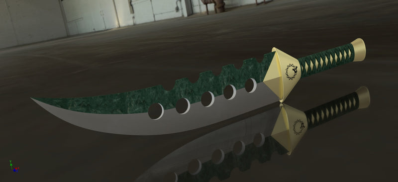 Curved fantasy sword with a green jagged blade and gold hilt resting on a reflective surface.