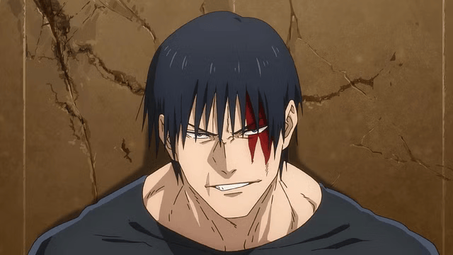 Anime close-up of Toji Fushiguro with a blood streak across his face, smirking confidently against a cracked wall background.