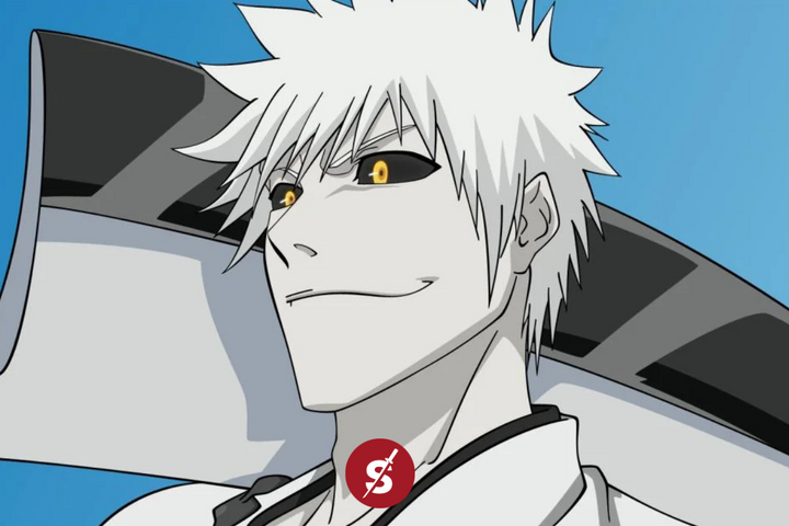 A white haired anime character with sharp yellow eyes smirks confidently, resting a large sword across his shoulder against a clear blue sky background.