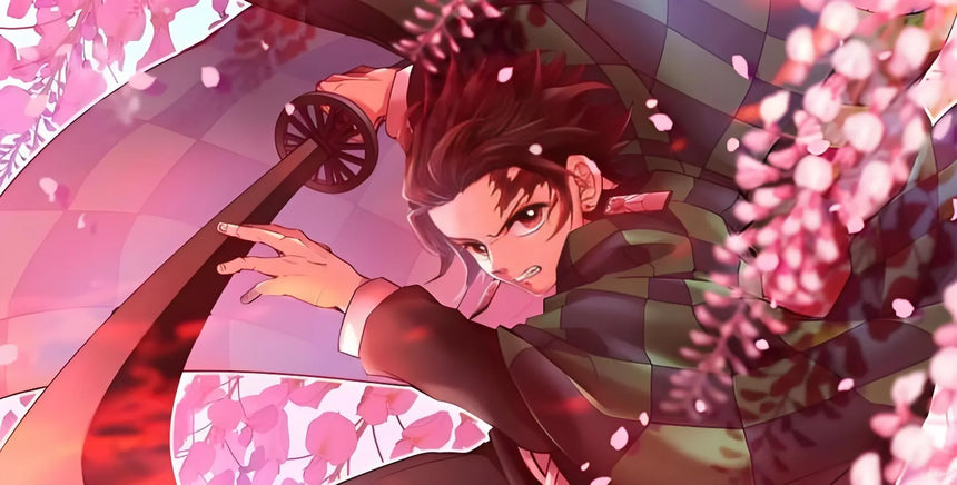 Anime swordsman in green checkered haori performing a dynamic katana strike surrounded by cherry blossoms, inspired by Demon Slayer style.