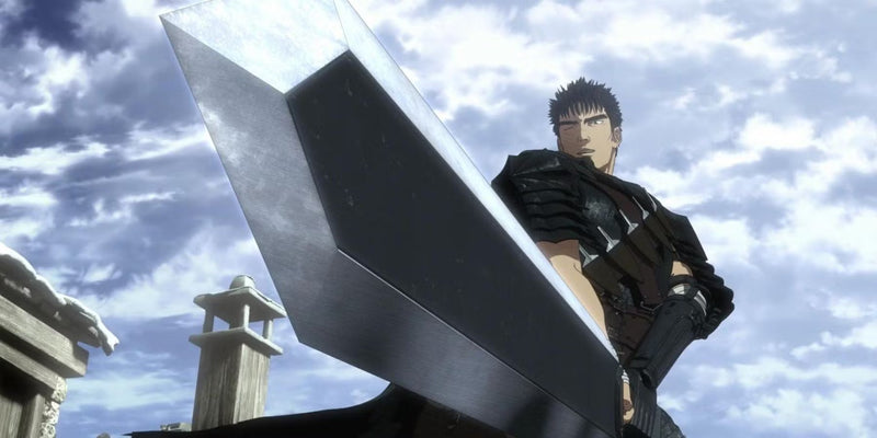 Anime artwork of Guts standing with the massive Dragon Slayer sword, viewed from a low angle against a cloudy sky.