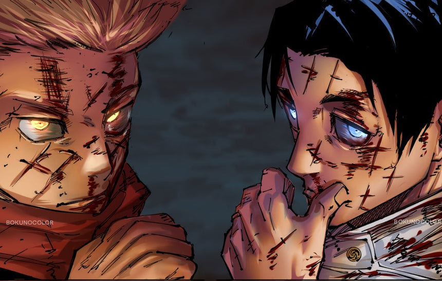 Two injured anime fighters glare at each other, faces bloodied and eyes glowing, locked in a tense standoff.