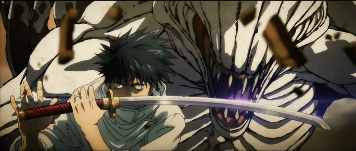 Yuta Okkotsu holding katana with Rika behind him in intense battle scene from Jujutsu Kaisen