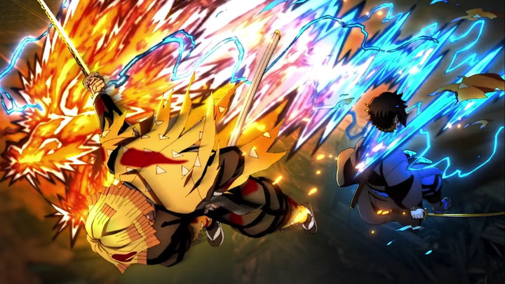 Anime fighters clash mid-air with fire and lightning energy effects.