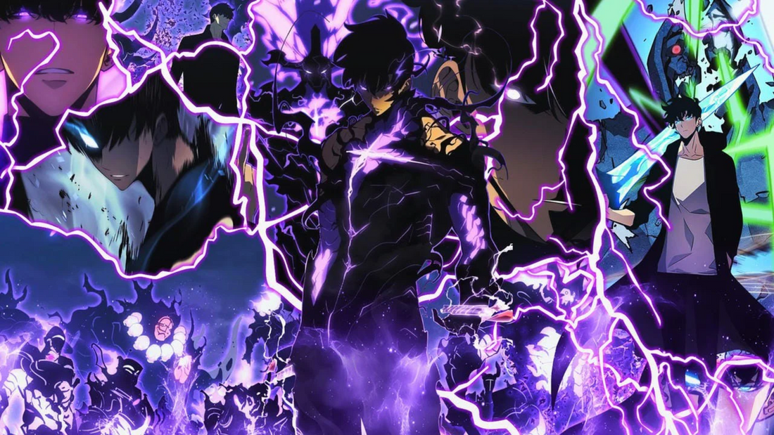 A dark haired anime character stands surrounded by crackling purple lightning, shown in multiple intense battle moments across the image.