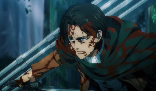 Levi Ackerman injured and covered in blood holding blade in Attack on Titan scene