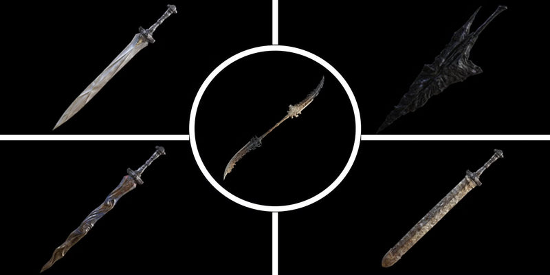 Fantasy game weapons displayed on a dark background, including ornate swords and large legendary armaments arranged side by side.