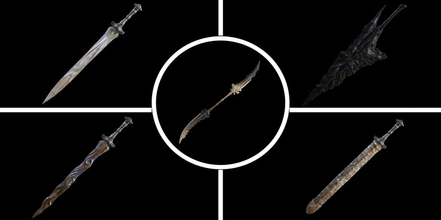 Fantasy game weapons displayed on a dark background, including ornate swords and large legendary armaments arranged side by side.