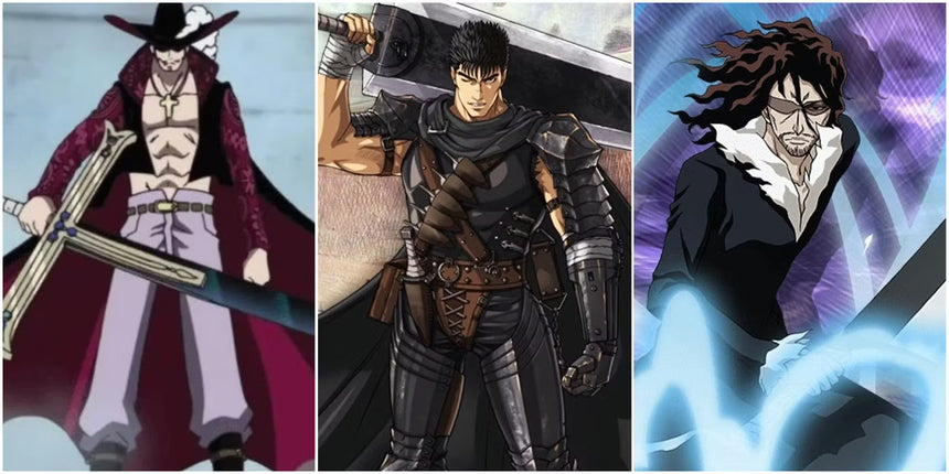 Three iconic anime swordsmen side by side: Mihawk from One Piece, Guts from Berserk, and a long-haired warrior surrounded by blue energy.
