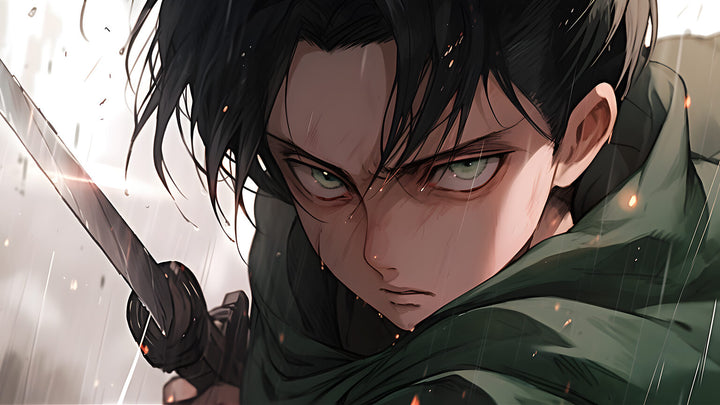 A close-up of a dark-haired anime soldier with intense green eyes gripping a sword, wearing a green cloak as sparks and rain fall around him, his expression focused and determined.
