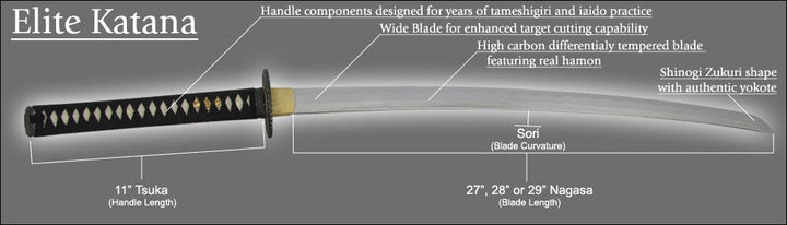 A labeled diagram of an Elite Katana highlighting key specs including an 11-inch tsuka, up to 29-inch nagasa, shinogi zukuri shape, and a differentially tempered blade with real hamon.