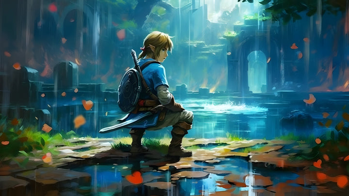 An adventurer in a blue tunic kneels by a glowing pool in ancient ruins, sword at his side, gazing toward a luminous doorway as petals fall around him.