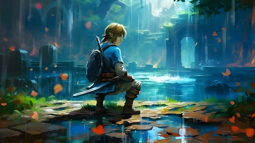An adventurer in a blue tunic kneels by a glowing pool in ancient ruins, sword at his side, gazing toward a luminous doorway as petals fall around him.