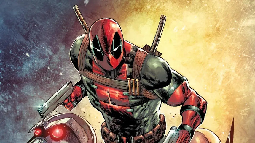 deadpool holding a pistol, with an explosion in the background