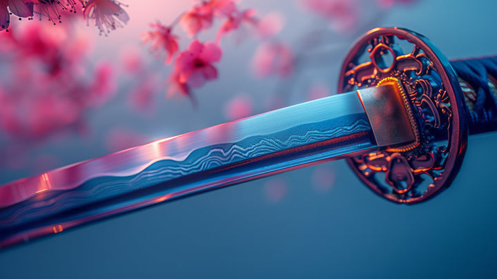 A glowing katana with a fiery red-orange blade and black hilt, set against a dark background with embers and sparks floating in the air, evoking a sense of power and mysticism.