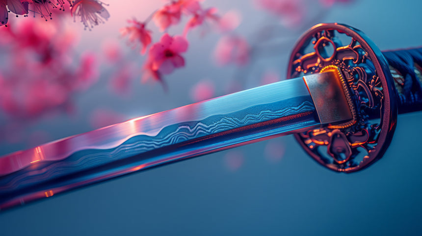 A glowing katana with a fiery red-orange blade and black hilt, set against a dark background with embers and sparks floating in the air, evoking a sense of power and mysticism.