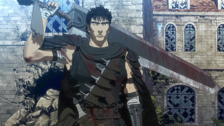Anime warrior with a massive blood-stained sword stands before a ruined stone building.