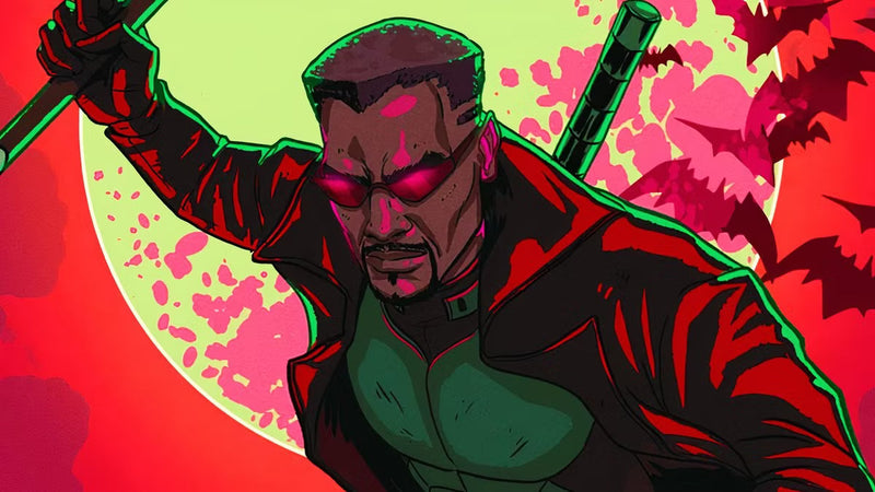 A comic book style illustration of a powerful warrior in a dark coat with glowing red eyes, wielding dual blades against a dramatic red and green full moon background.