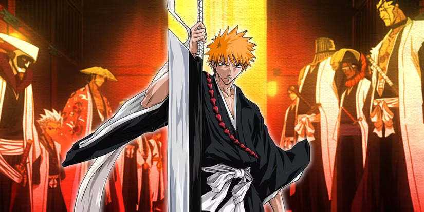 Group of anime warriors in black robes standing together with swords drawn, set against a dramatic background, resembling Soul Reapers from Bleach.