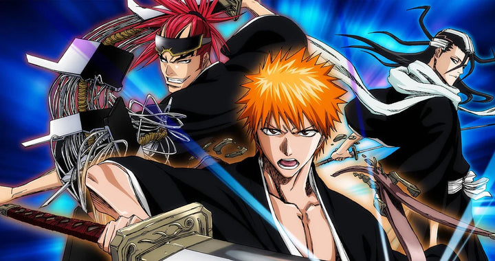Anime illustration featuring Ichigo Kurosaki in the foreground wielding a sword, with Renji Abarai and Byakuya Kuchiki posed behind him against a glowing blue background.