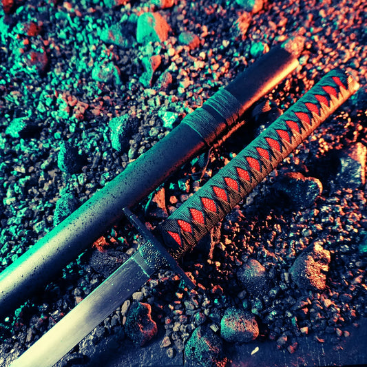 "Close-up of a black and red-wrapped katana with textured scabbard, resting on rocky ground under dramatic blue and orange lighting."