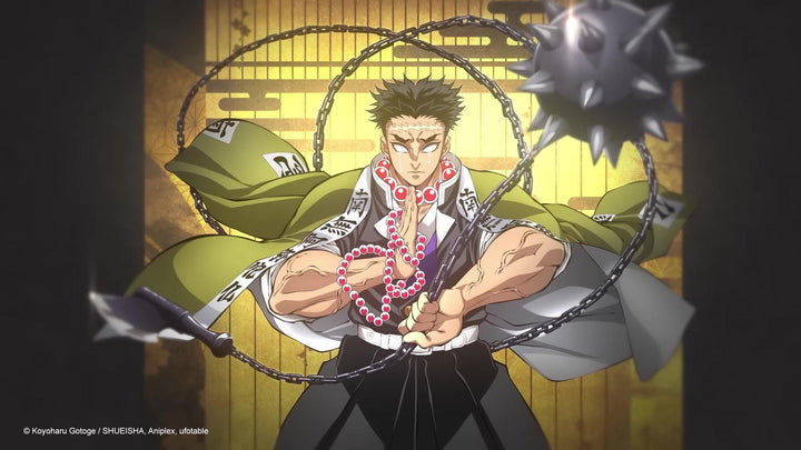 Gyomei Himejima, the Stone Hashira from Demon Slayer, swinging his chained spiked flail and axe weapon while standing in a prayer stance.