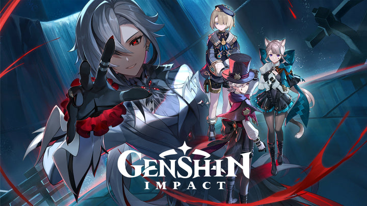Genshin Impact artwork featuring four anime characters in a dark cathedral setting, with a silver-haired figure reaching forward and the game logo at the bottom.