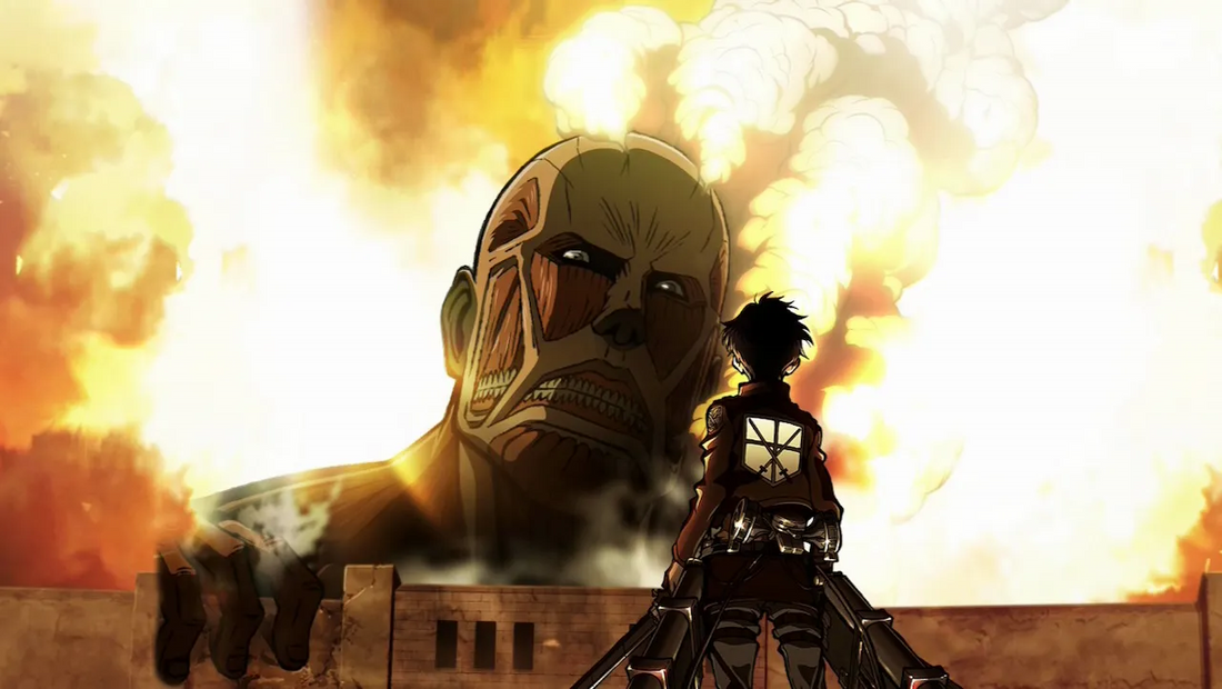 Anime scene of a soldier with dual blades facing a towering armored titan amid flames and thick smoke behind a city wall.