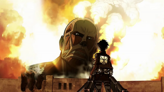 Anime scene of a soldier with dual blades facing a towering armored titan amid flames and thick smoke behind a city wall.