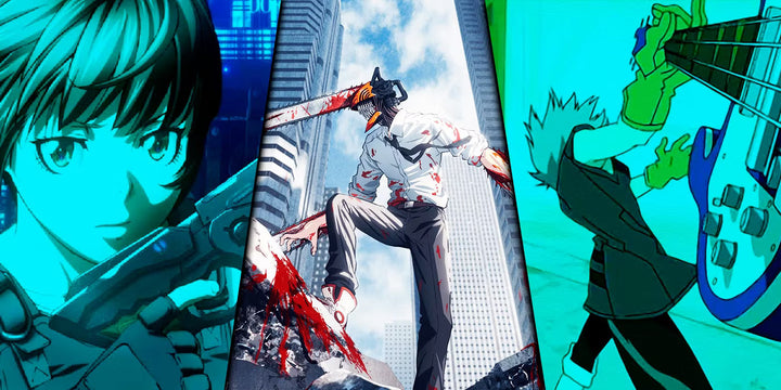 "Three anime characters: one with a gun, one with a bloody chainsaw, and one playing an electric guitar."