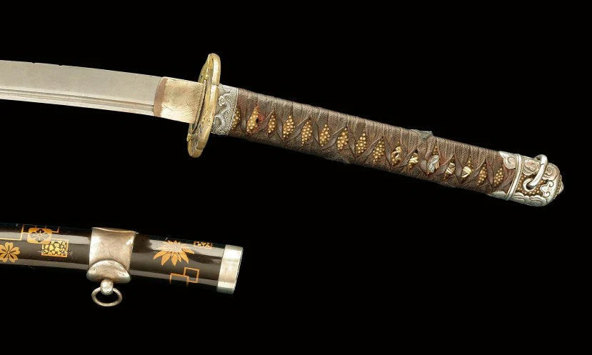 Ornate Japanese katana with wrapped handle, gold accents, and decorated scabbard.