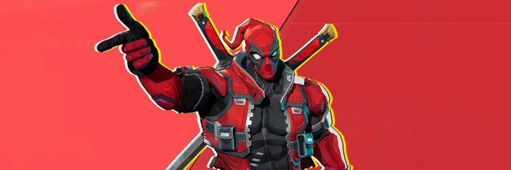 Illustration of Deadpool in his red and black suit pointing forward, with twin katanas crossed on his back against a red background.