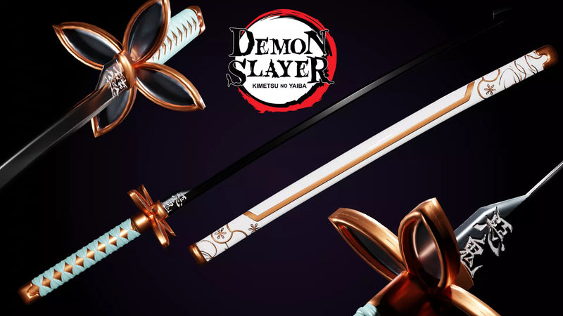 Decorative anime katana with floral guard and Demon Slayer theme design.