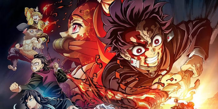 Anime swordsman unleashes a fiery attack with teammates in the background.