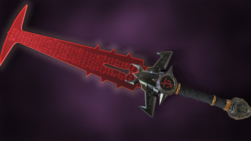Close-up of a glowing red Doom Sword with jagged edges, runic markings along the blade, and a dark armored hilt set against a purple background.