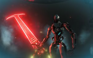 Futuristic armored robot wielding a massive glowing red Doom Sword in a dark, smoky sci-fi environment.