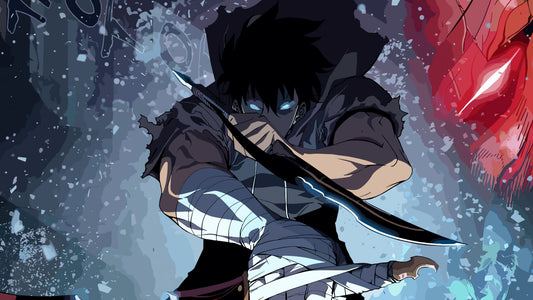 Solo Leveling anime-style artwork of Sung Jin-Woo wielding dual daggers with glowing blue eyes in a dark dungeon setting
