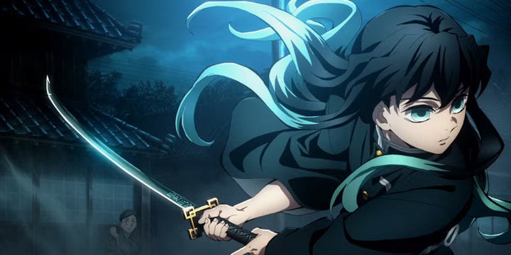 Anime-style swordsman with flowing dark hair wielding a katana at night, standing in a misty traditional Japanese setting with wooden buildings in the background.