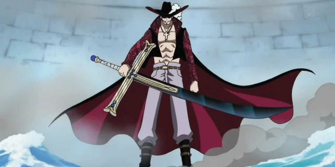 Dracule Mihawk standing with his massive black blade Yoru in One Piece, wearing a wide-brimmed hat and red coat as his cape flows behind him.