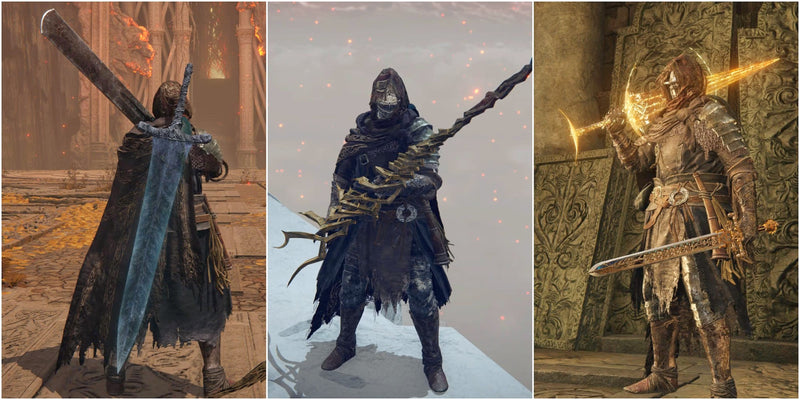 Three Elden Ring characters showcasing a greatsword, a dark spear build, and a golden dual-sword warrior.