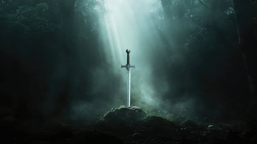 "A legendary sword embedded in a moss-covered stone in the middle of a dark, misty forest, with ethereal rays of sunlight breaking through the trees and illuminating the blade."