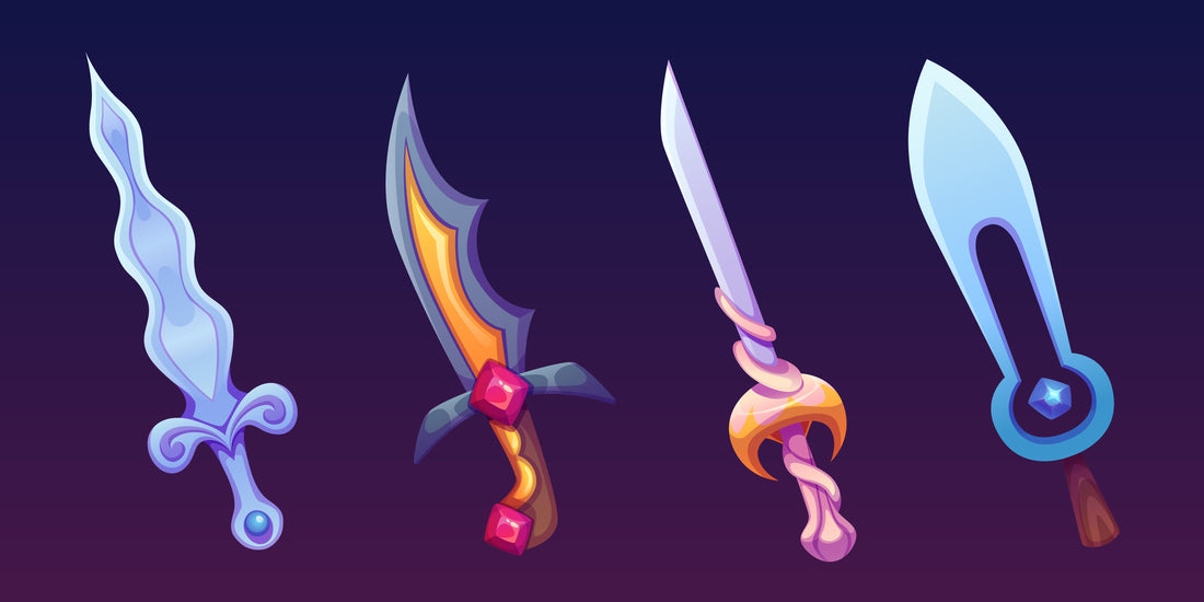 "Stylized fantasy swords with colorful designs and magical themes, featuring unique blades, gemstone hilts, and vibrant colors on a dark background."