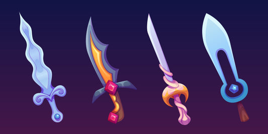 "Stylized fantasy swords with colorful designs and magical themes, featuring unique blades, gemstone hilts, and vibrant colors on a dark background."